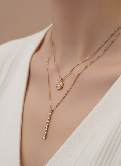 Pave Bar Double Layer Rose Gold Necklace