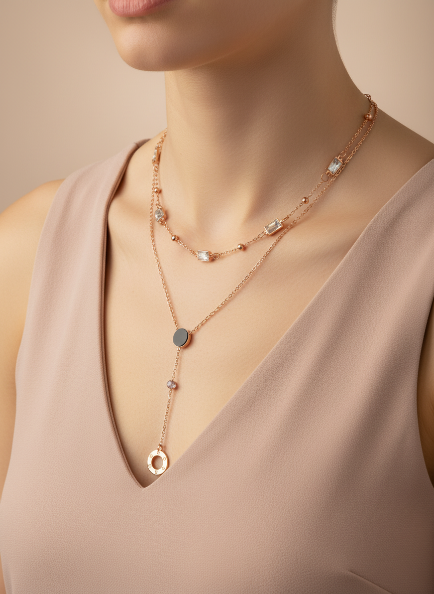 Roman Y-Drop Double Layer R/G Necklace