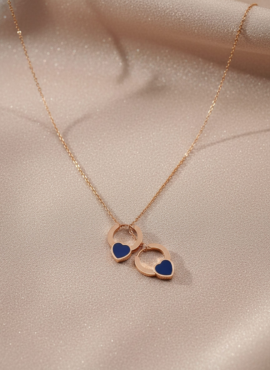 Double Ring & Heart Drop Rose Gold Necklace