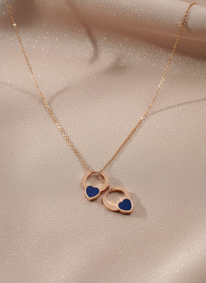 Double Ring & Heart Drop Rose Gold Necklace