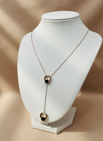 Double Ring & Heart Drop Rose Gold Necklace