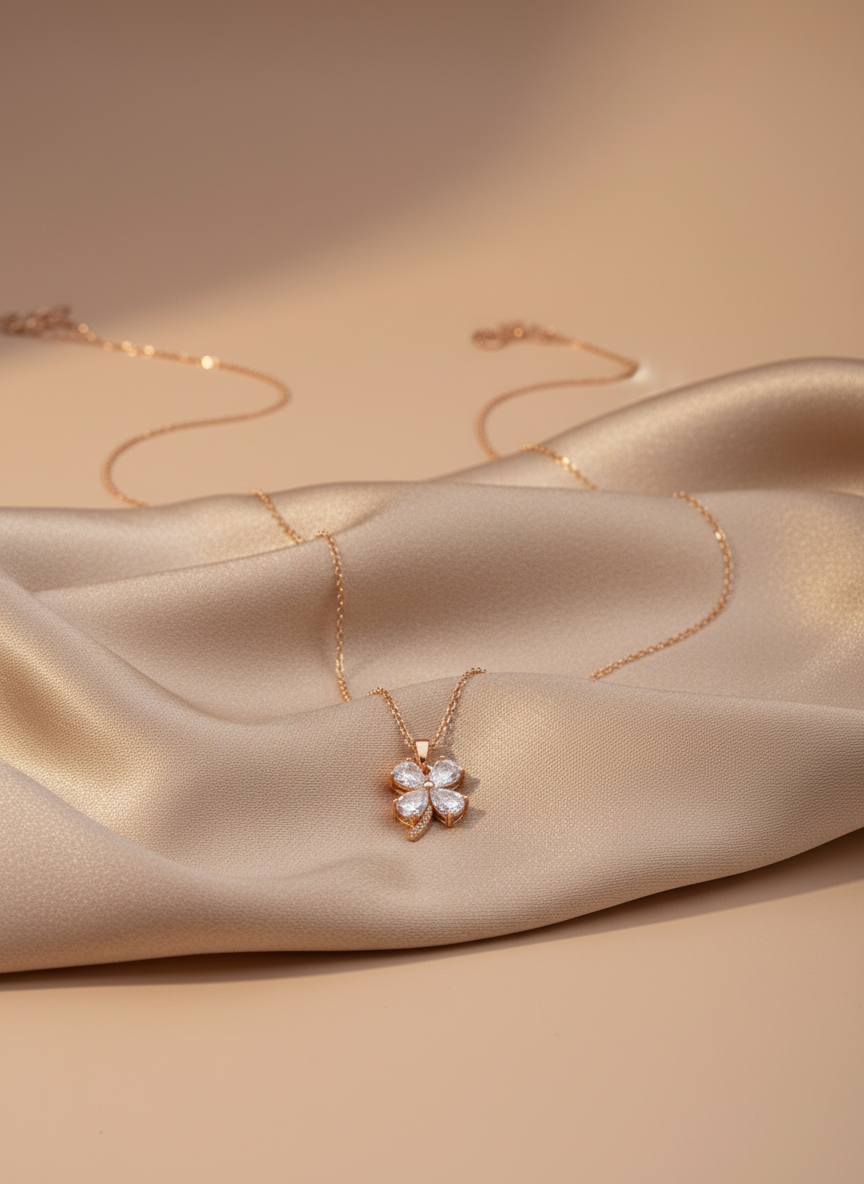 Necklace with a leaf-shaped pendant on a mannequin bust