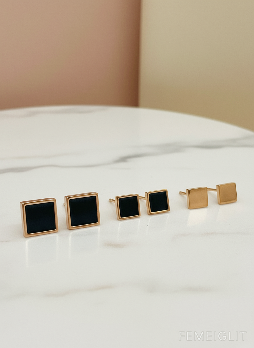 Geometric Square Stud Earrings Set| Rose Gold