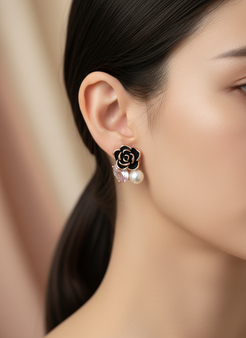 Rose & Pearl Drop Studs Rose Gold