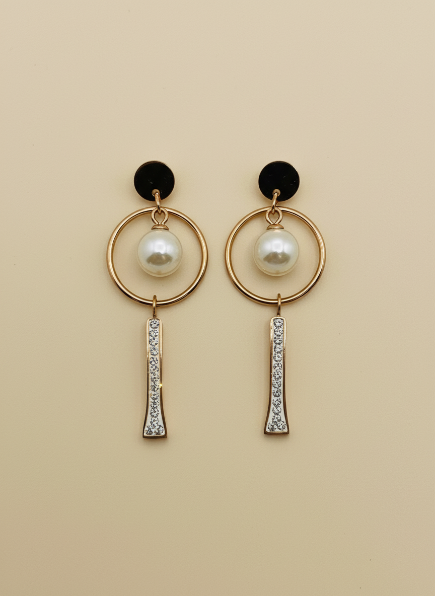 Pearl & Crystal Bar Drop Hoop Earrings | Rose Gold