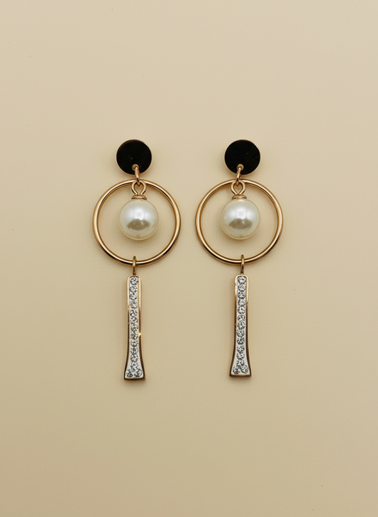 Pearl & Crystal Bar Drop Hoop Earrings | Rose Gold