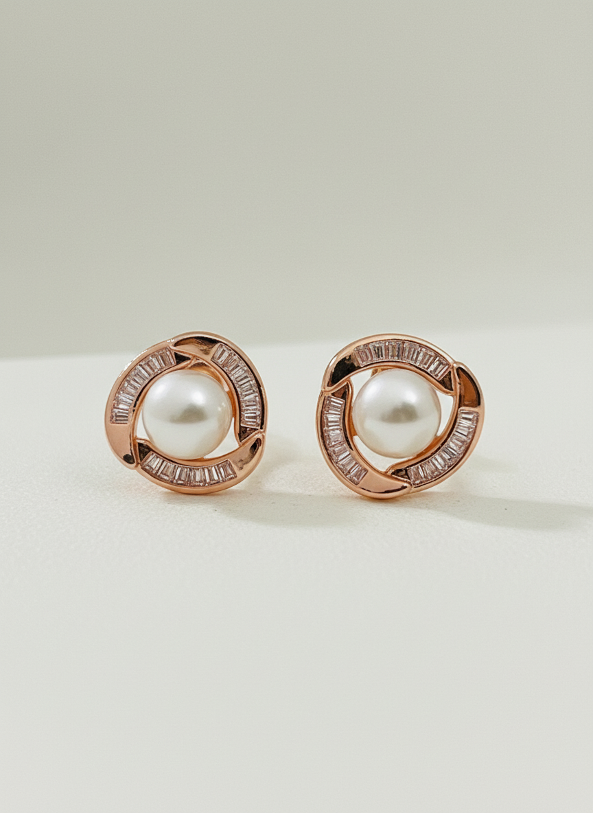 Pair of rose gold earrings with pearls on a light background
