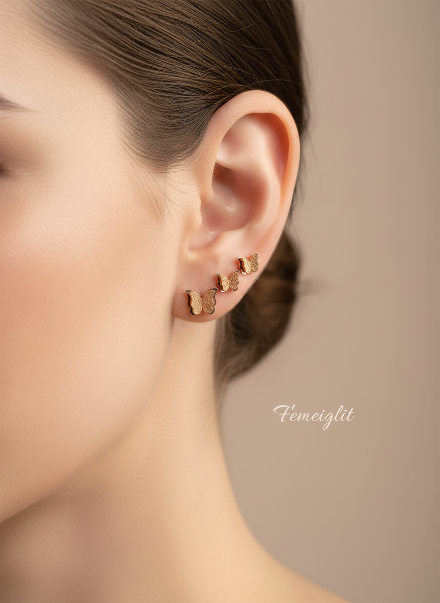 Glitter Butterfly Stud B Earrings Set | Rose Gold