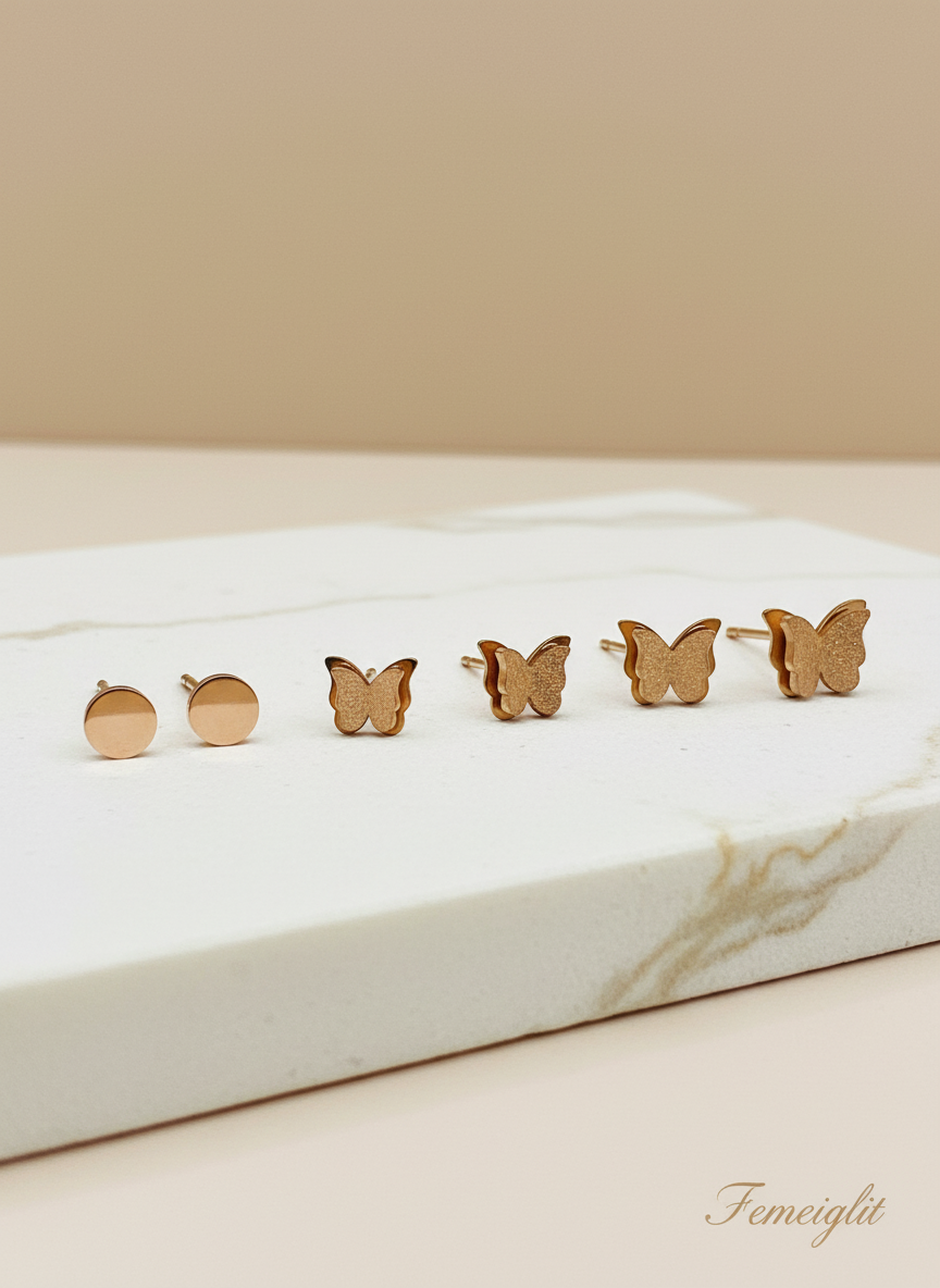 Glitter Butterfly Stud Earrings Set | Rose Gold