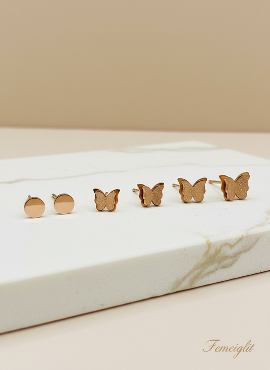 Glitter Butterfly Stud Earrings Set | Rose Gold