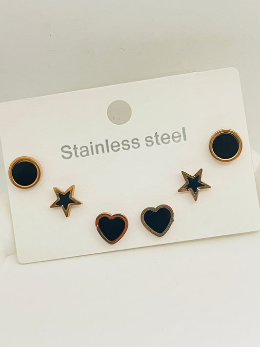 Set of stainless steel earrings on a white card with 'Stainless steel' text.