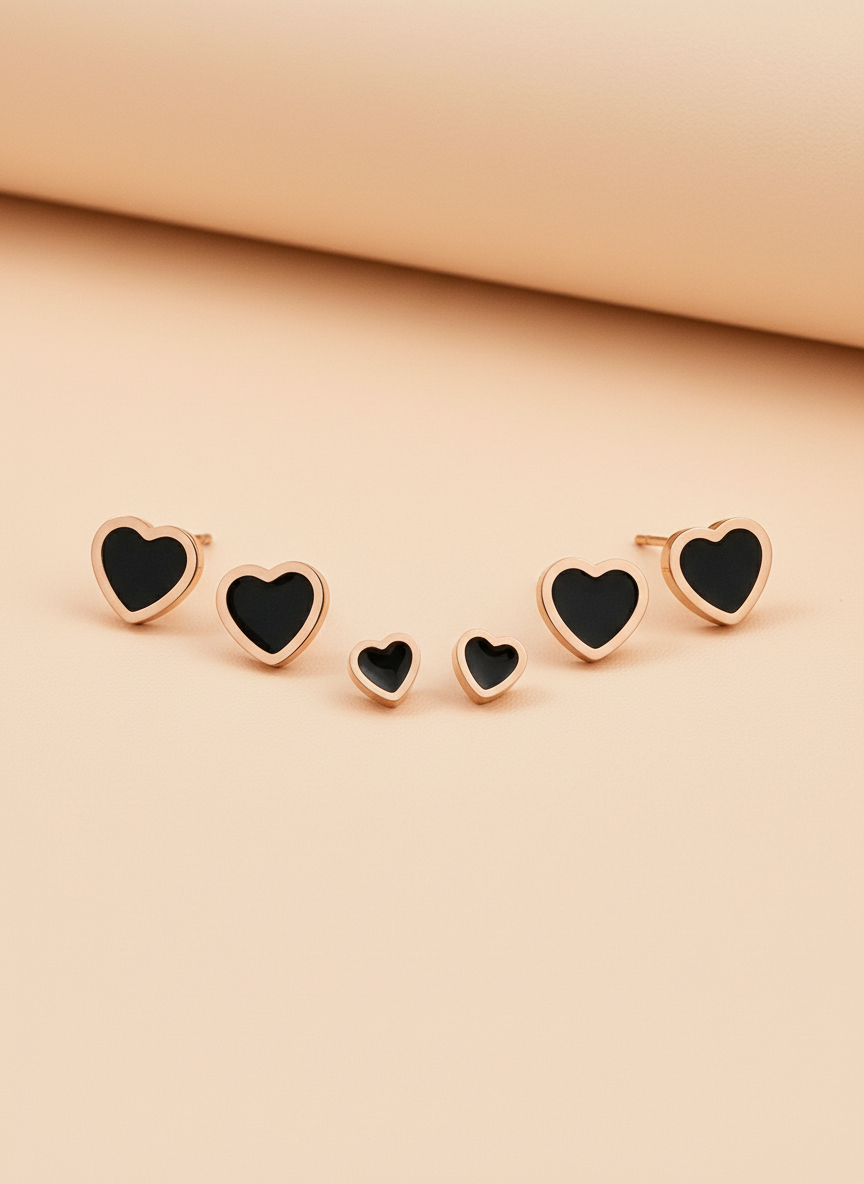 Rose Gold Black Heart Stud Earrings Set