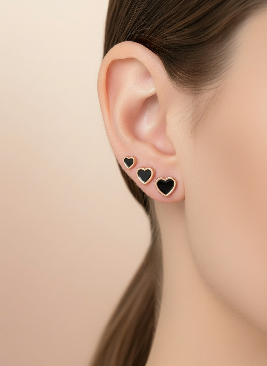 Rose Gold Black Heart Stud Earrings Set