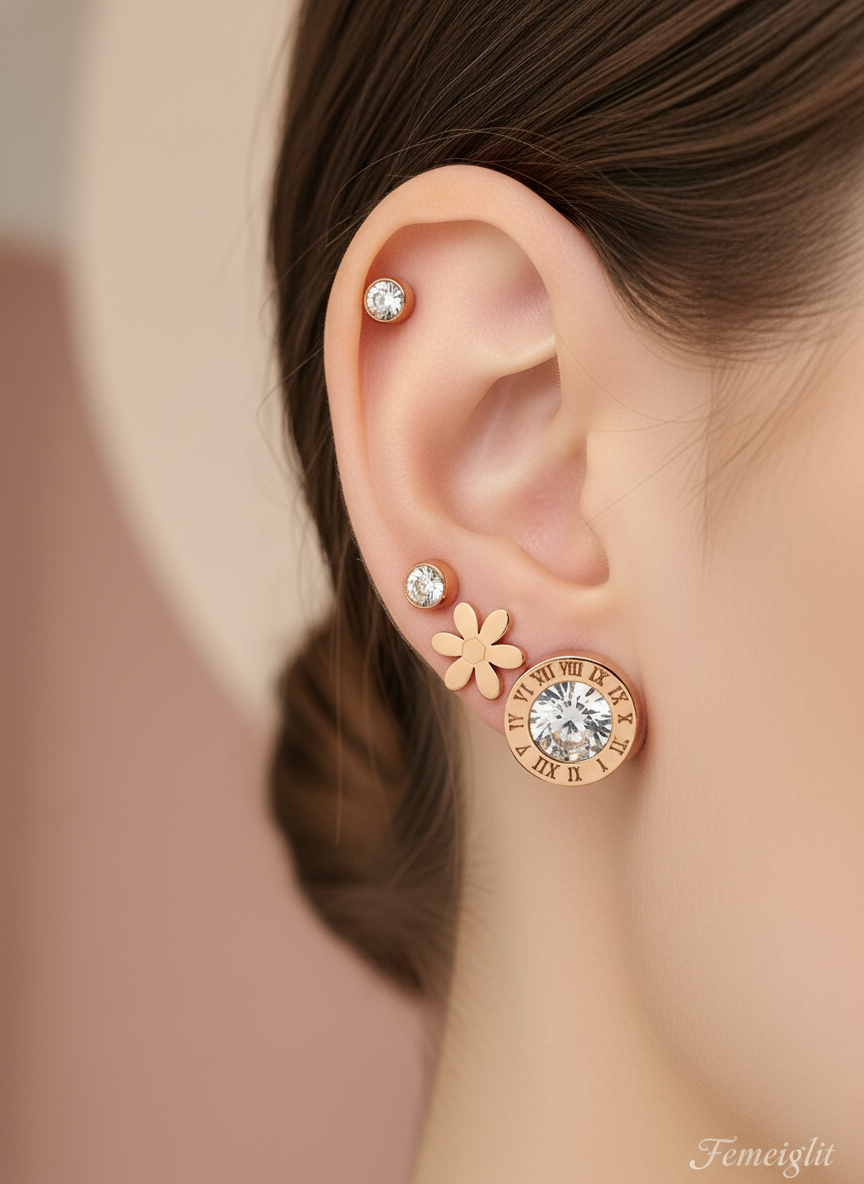 Chic Rose Gold Stud Set - Roman and Floral Mix