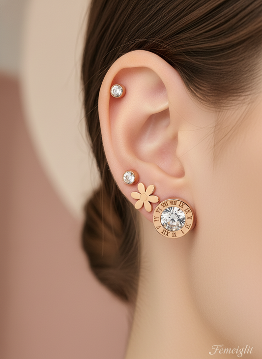 Chic Rose Gold Stud Set - Roman and Floral Mix