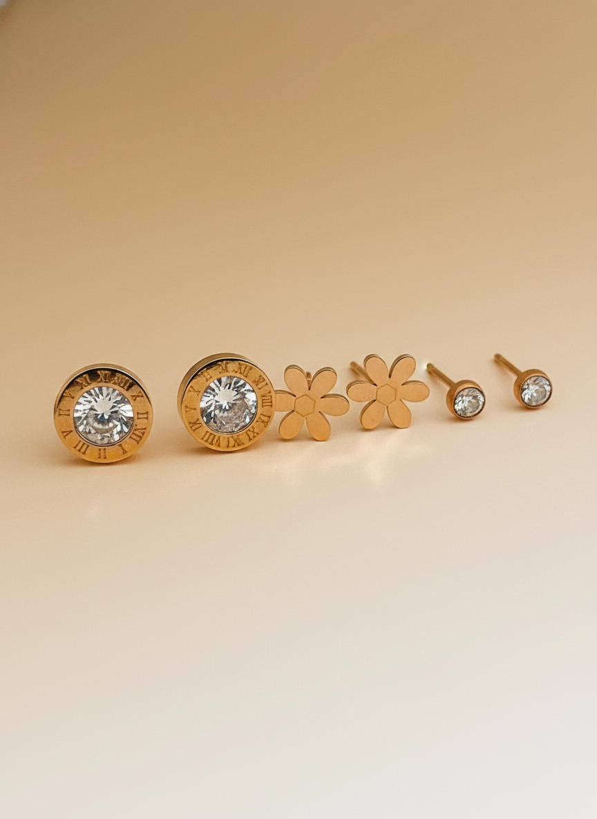 Chic Rose Gold Stud Set - Roman and Floral Mix