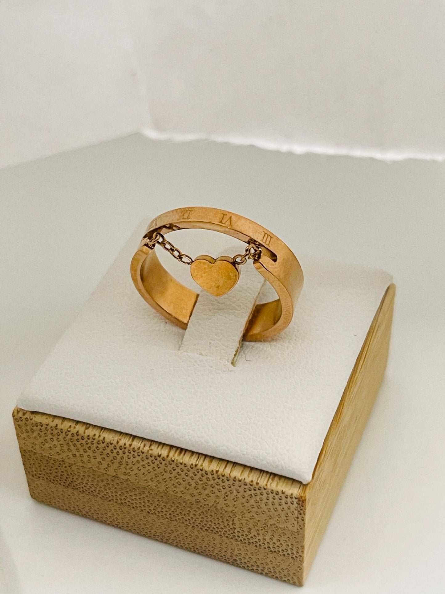 Rose Gold Floating Heart Roman Numeral Ring