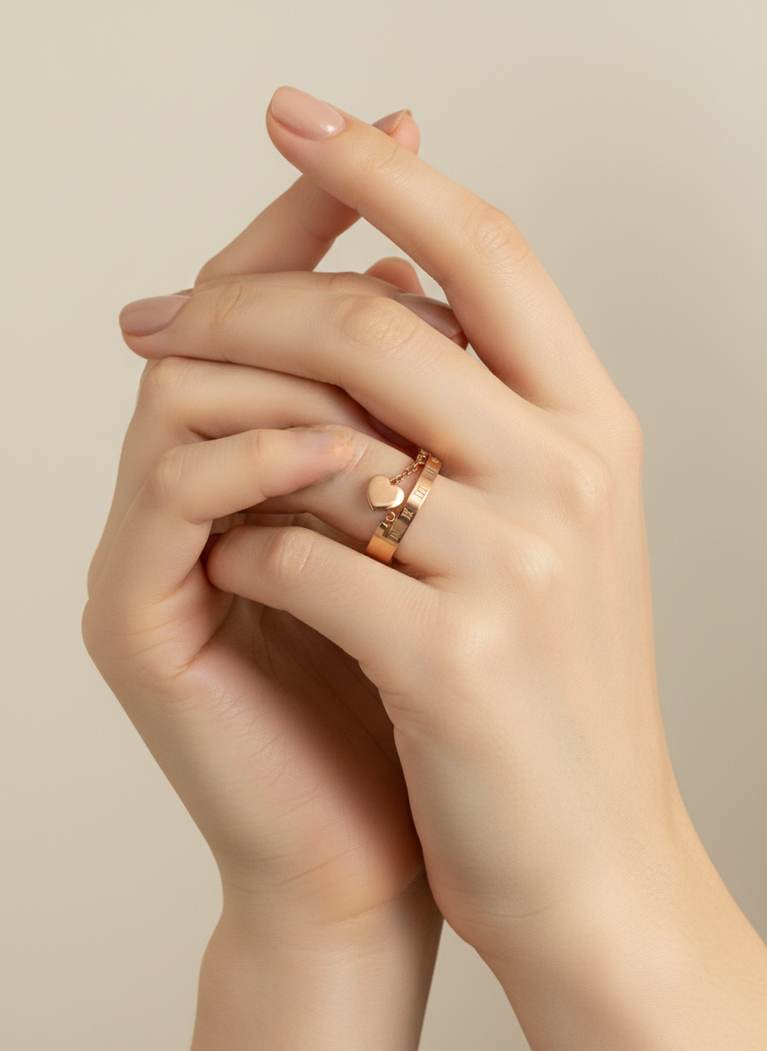 Rose Gold Floating Heart Roman Numeral Ring