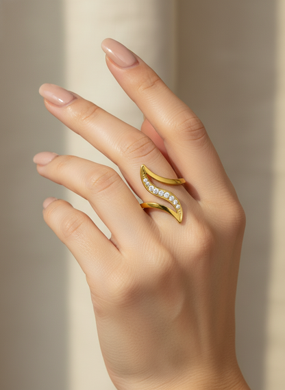 Gold Pave Wave Statement Ring