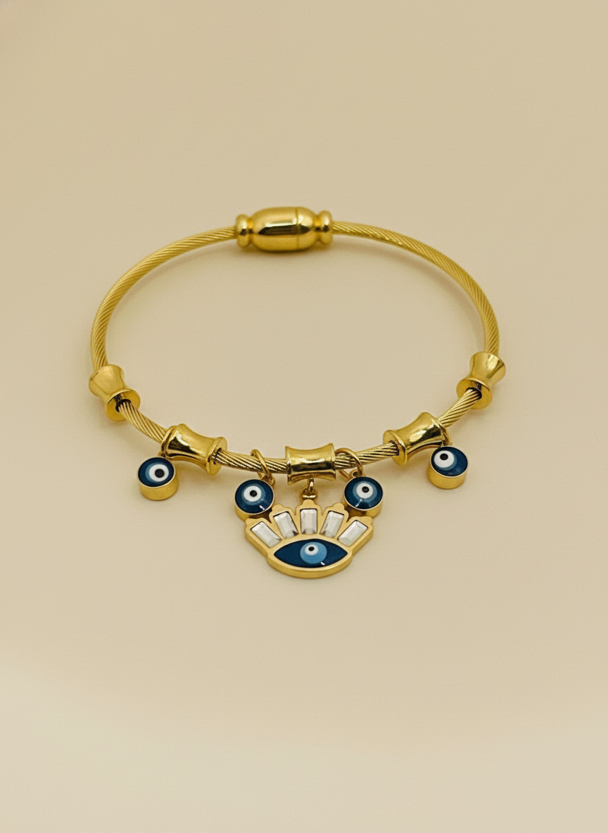Gold Cable Wire Evil Eye Charm Kids Bangle