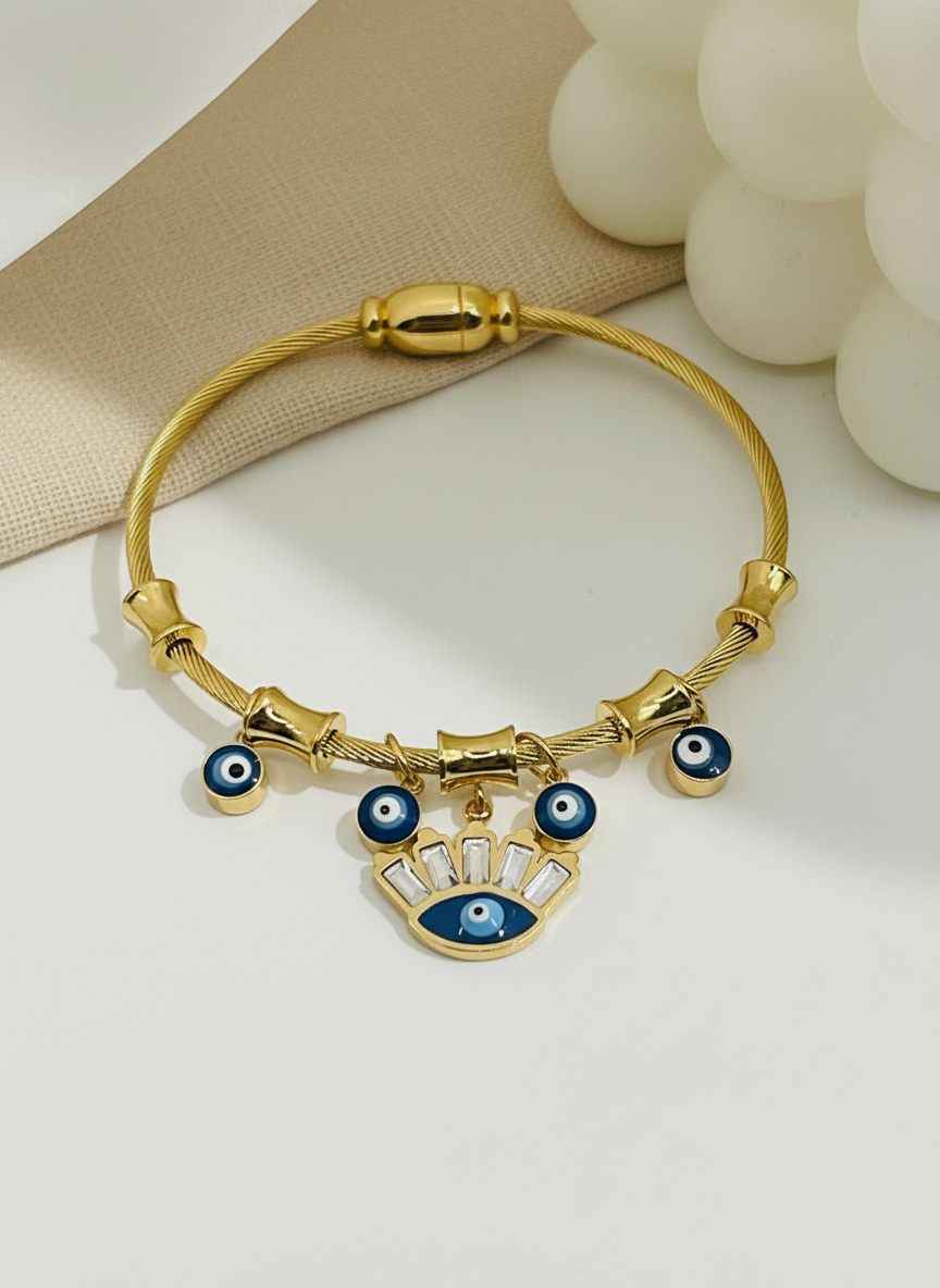 Gold Cable Wire Evil Eye Charm Kids Bangle