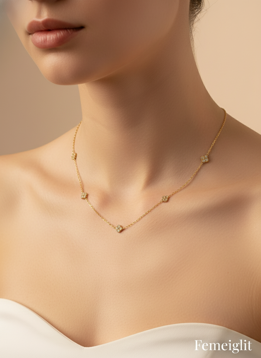 Gold Pave Clover Station Necklace