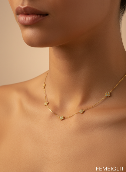 Gold Pave Clover Station Necklace