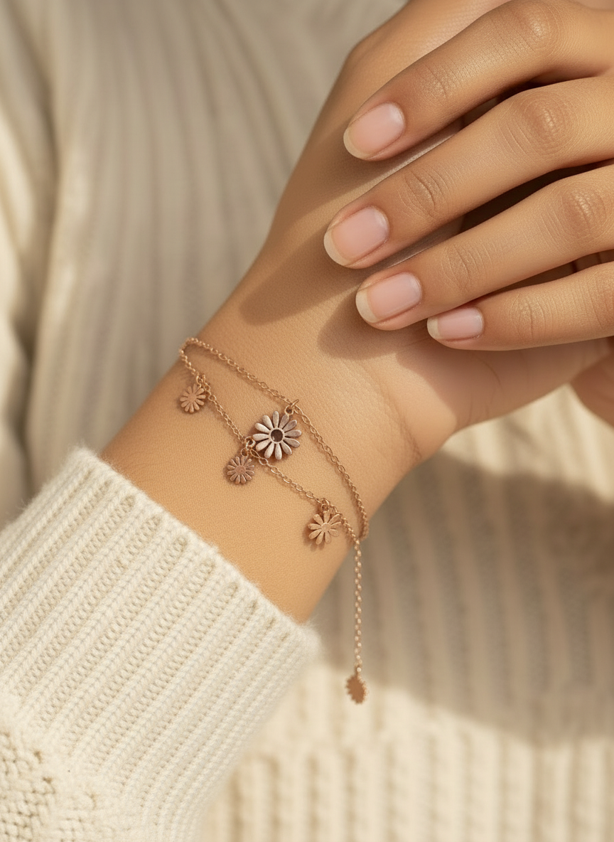 Rose Gold Layered Daisy Charm Bracelet