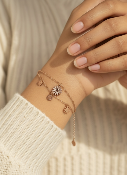 Rose Gold Layered Daisy Charm Bracelet