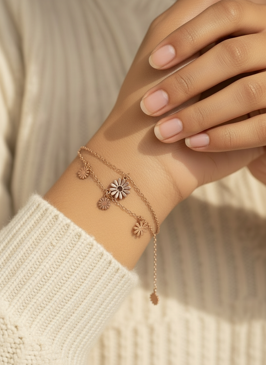 Rose Gold Layered Daisy Charm Bracelet