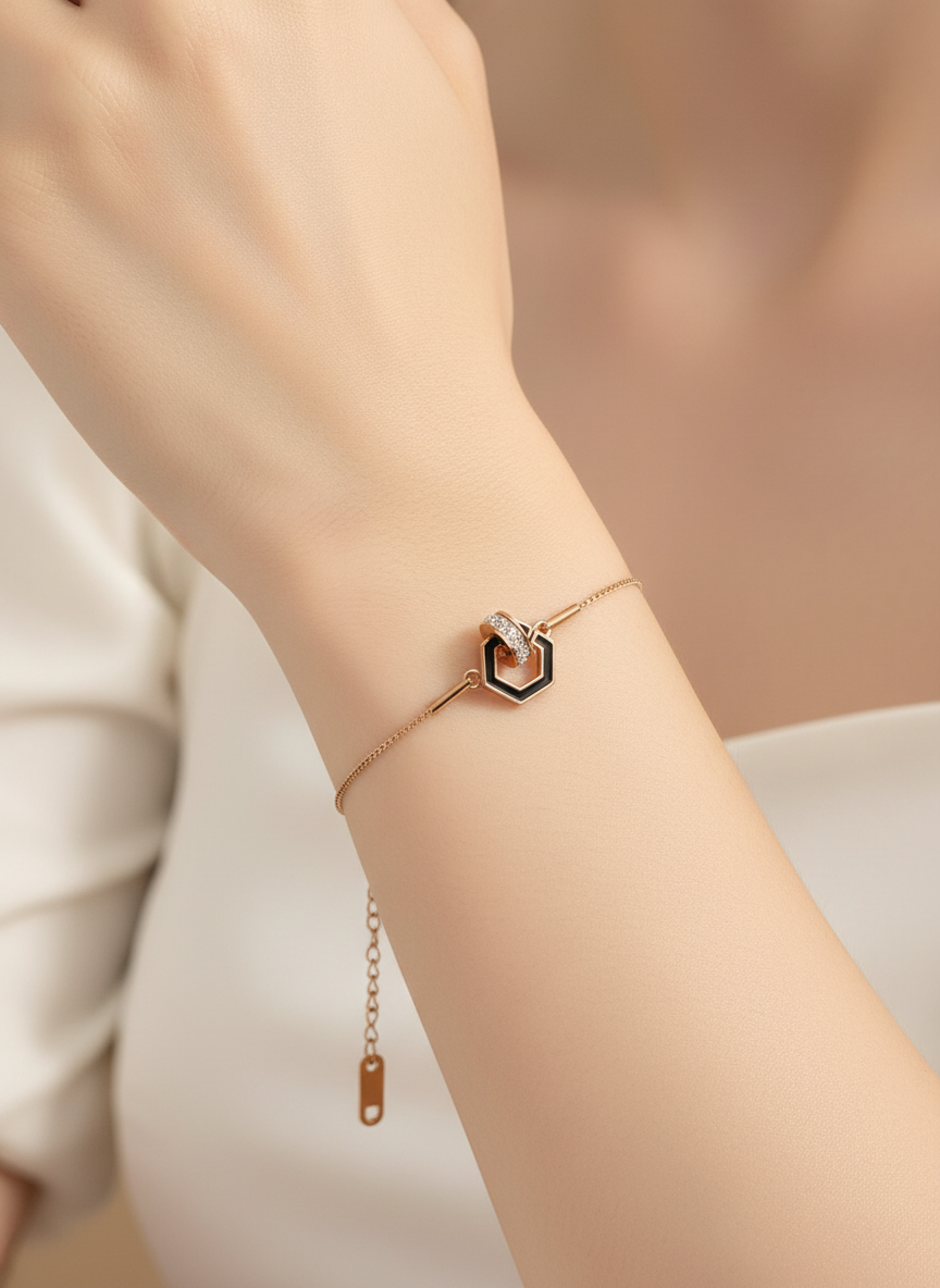 Rose Gold Black Enamel Geometry Charm Bracelet