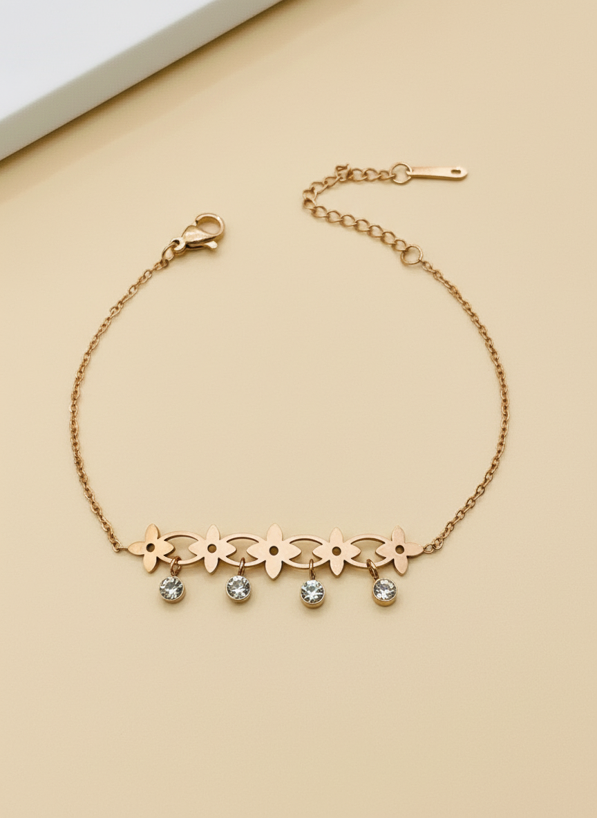 Rose Gold Flower Dangle Charm Bracelet