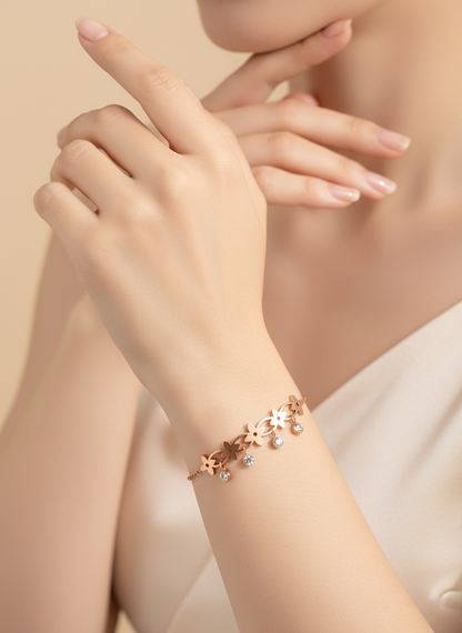 Rose Gold Flower Dangle Charm Bracelet