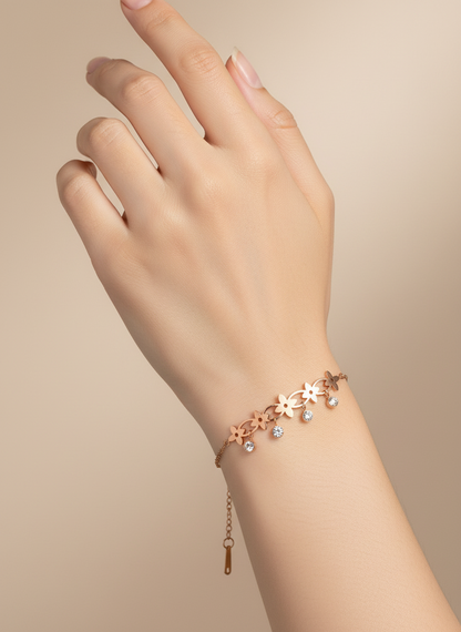 Rose Gold Flower Dangle Charm Bracelet