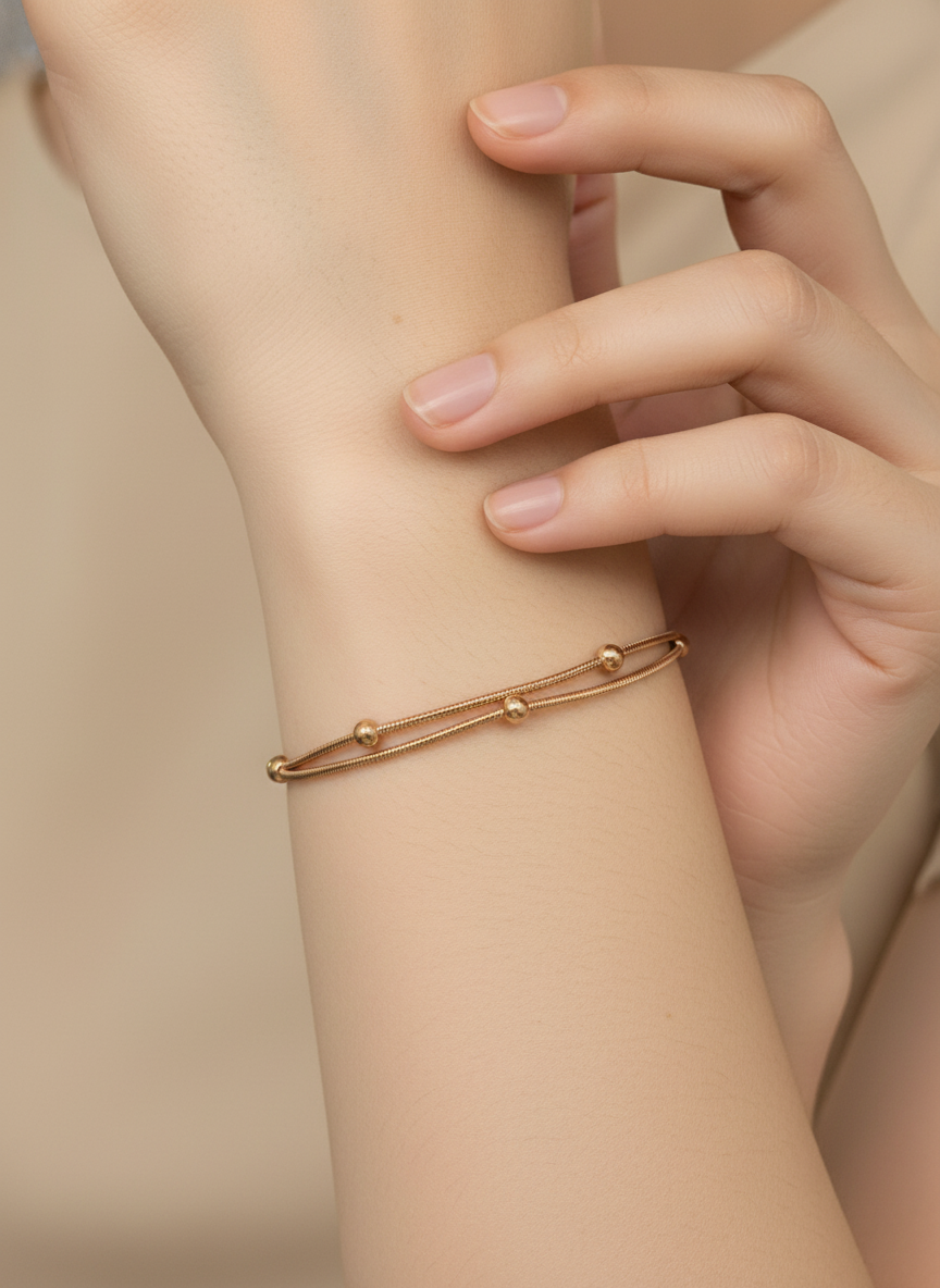 Rose Gold Beaded Double Snake Chain Bracelet