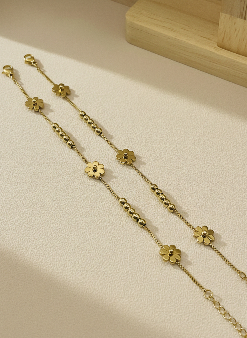 Gold Daisy Flower and Bead Kids Anklet
