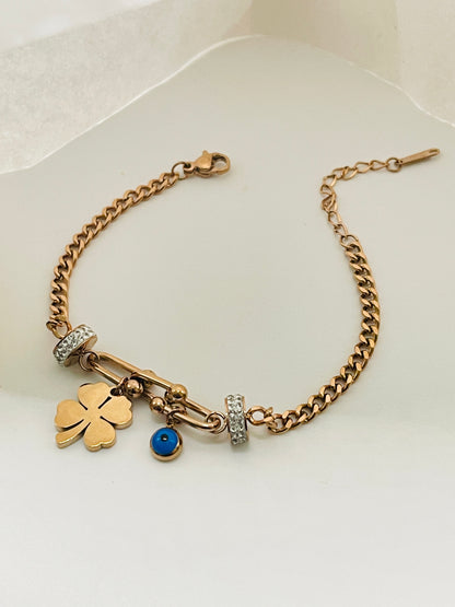 Rose Gold Clover & Evil Eye Charm Bracelet