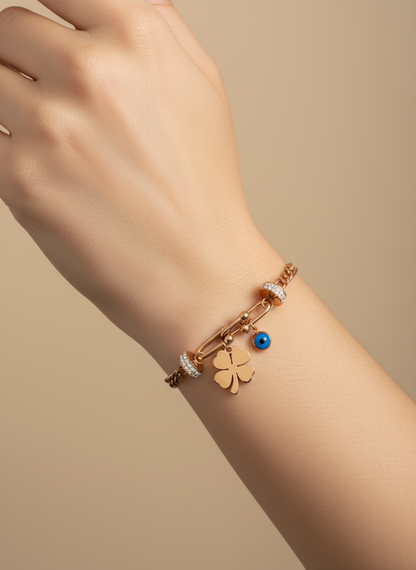 Rose Gold Clover & Evil Eye Charm Bracelet
