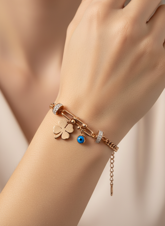Rose Gold Clover & Evil Eye Charm Bracelet