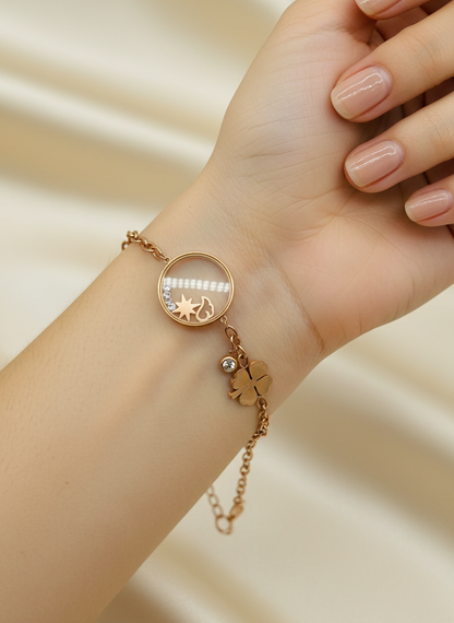 Rose Gold Floating Charm and Clover Bracelet