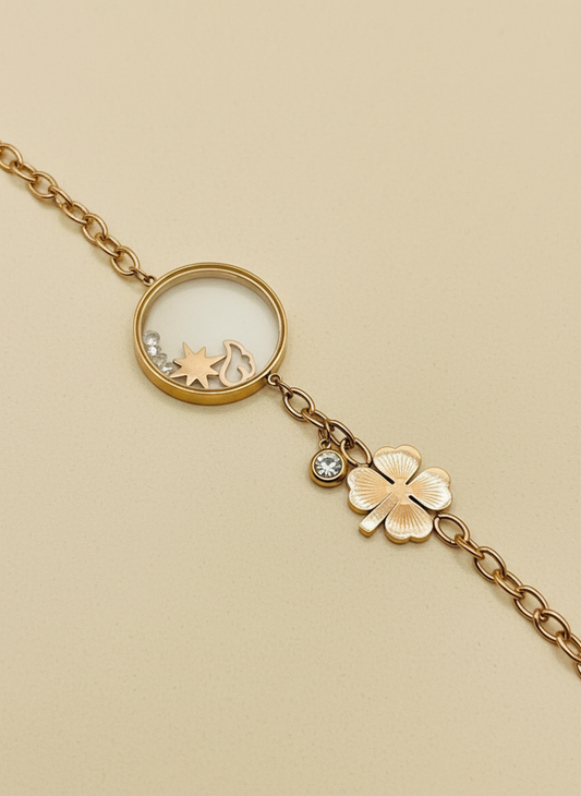 Rose Gold Floating Charm and Clover Bracelet