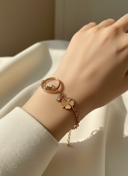 Rose Gold Floating Charm and Clover Bracelet