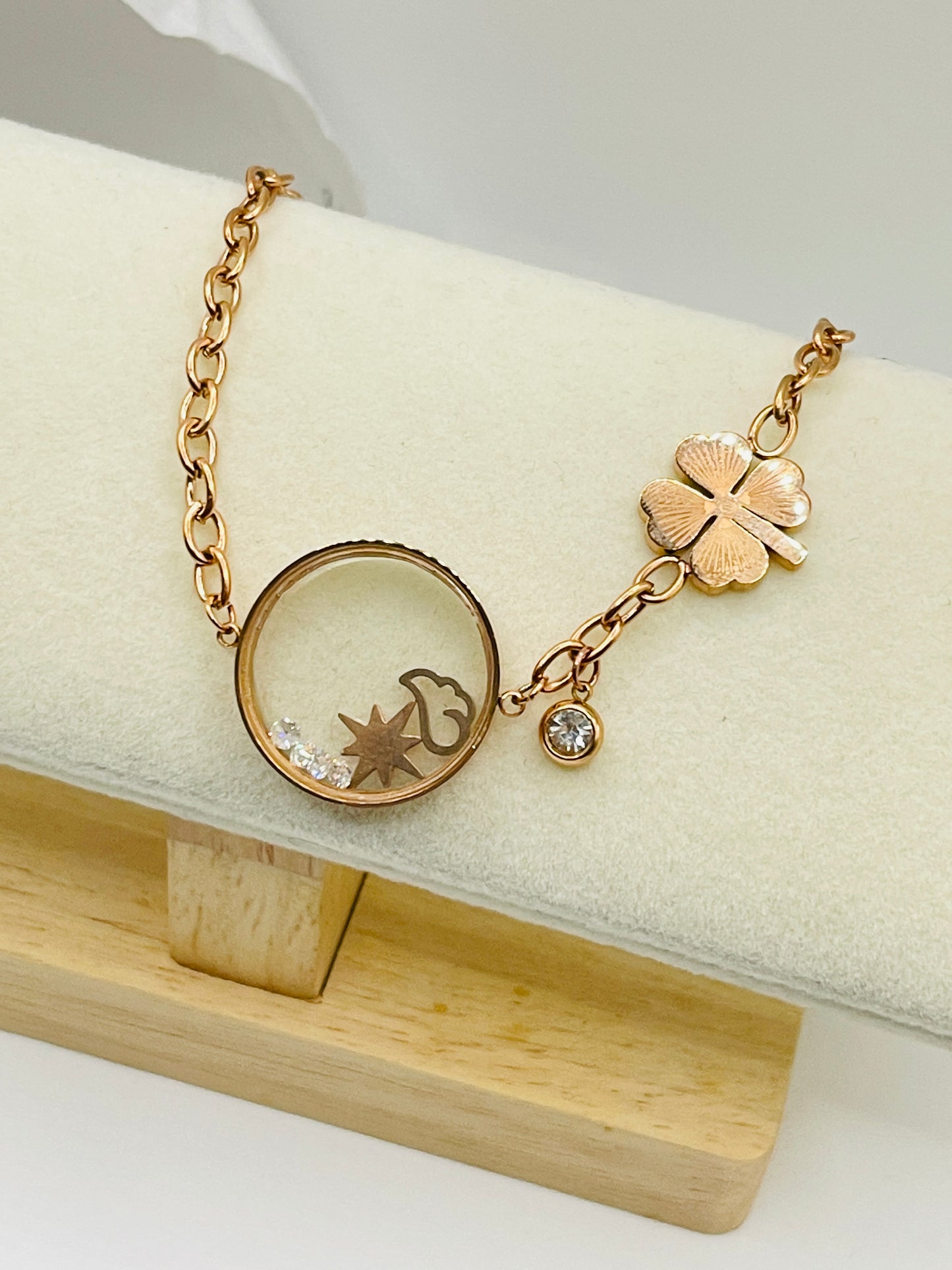 Rose Gold Floating Charm and Clover Bracelet