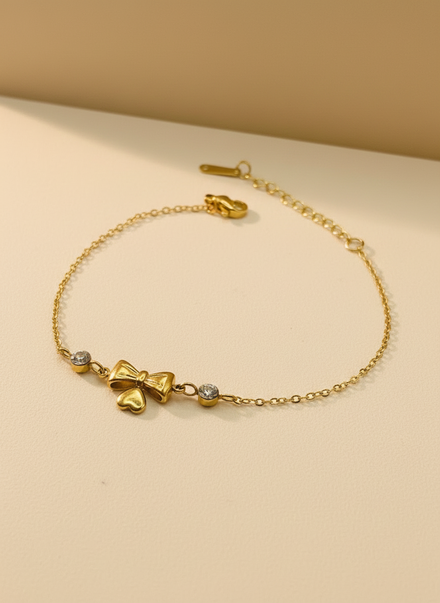 Gold Bow and Heart Charm Bracelet
