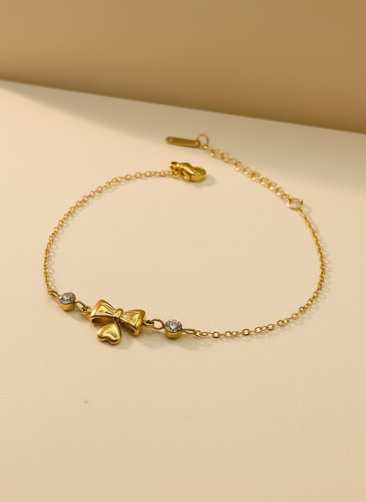 Gold Bow and Heart Charm Bracelet