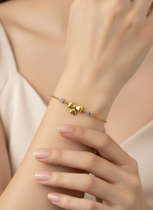 Gold Bow and Heart Charm Bracelet