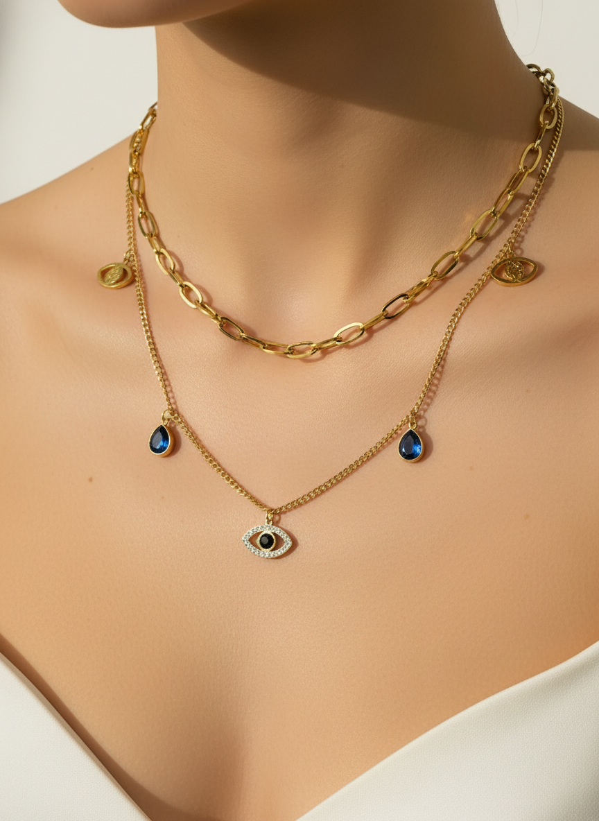 Gold Layered Evil Eye & Charm Necklace