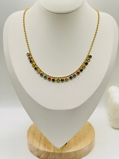 Necklace with multicolored beads on a white mannequin bust