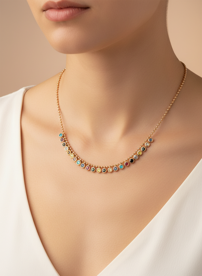 Gold Multi-Color Bezel Station Necklace