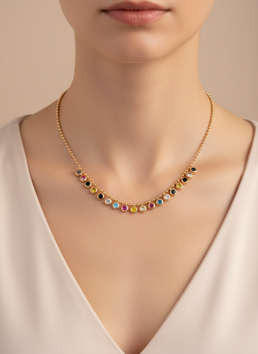 Gold Multi-Color Bezel Station Necklace
